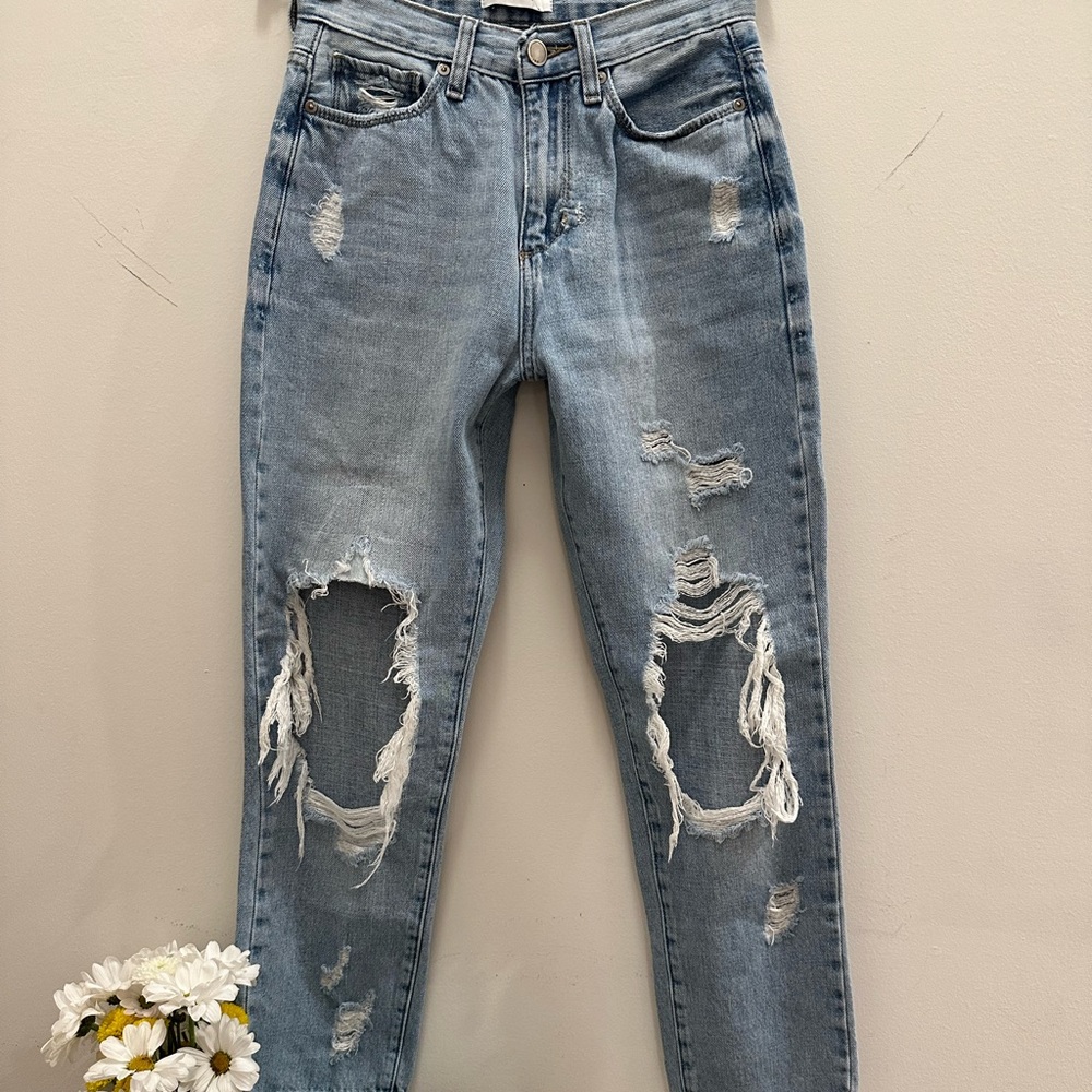 Distressed straight leg jeans